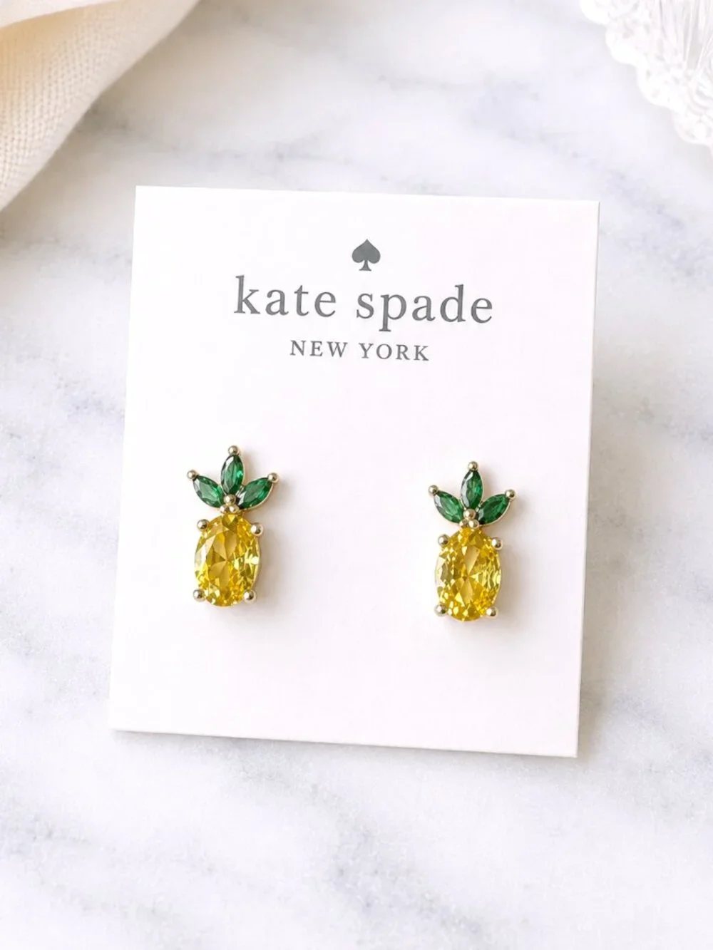 Kate Spade Pineapple Stud Earrings Yellow Green Crystal Tropical Fruit Earrings